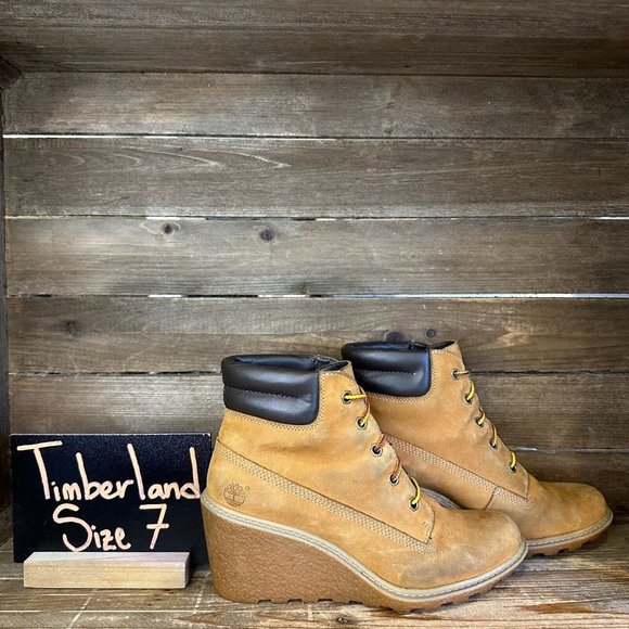 Womens Timberland Amston Wheat Nubuck Leather Wedge Heeled Ankle Boots Size 7 M‎ - Picture 1 of 6